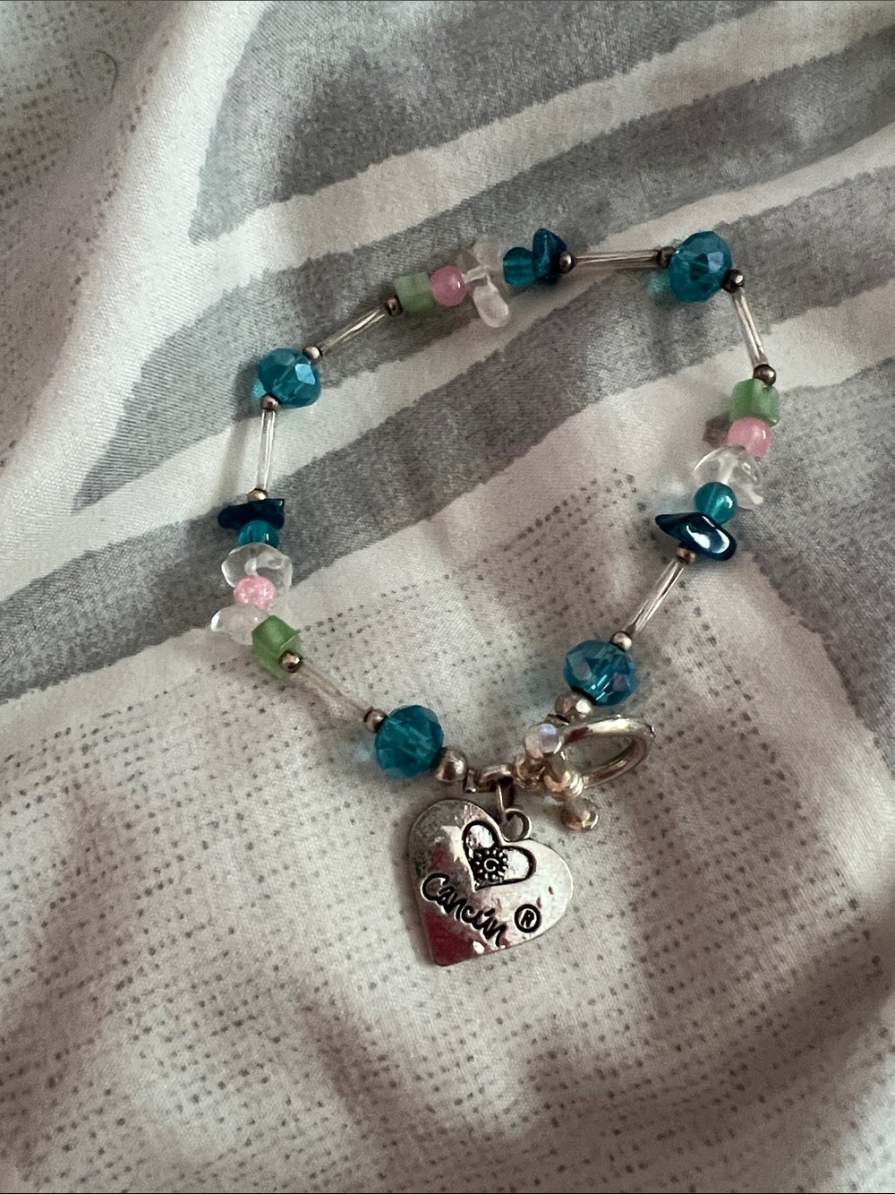Cancun Heart Charm Beaded Bracelet - Blue, Pink & Green